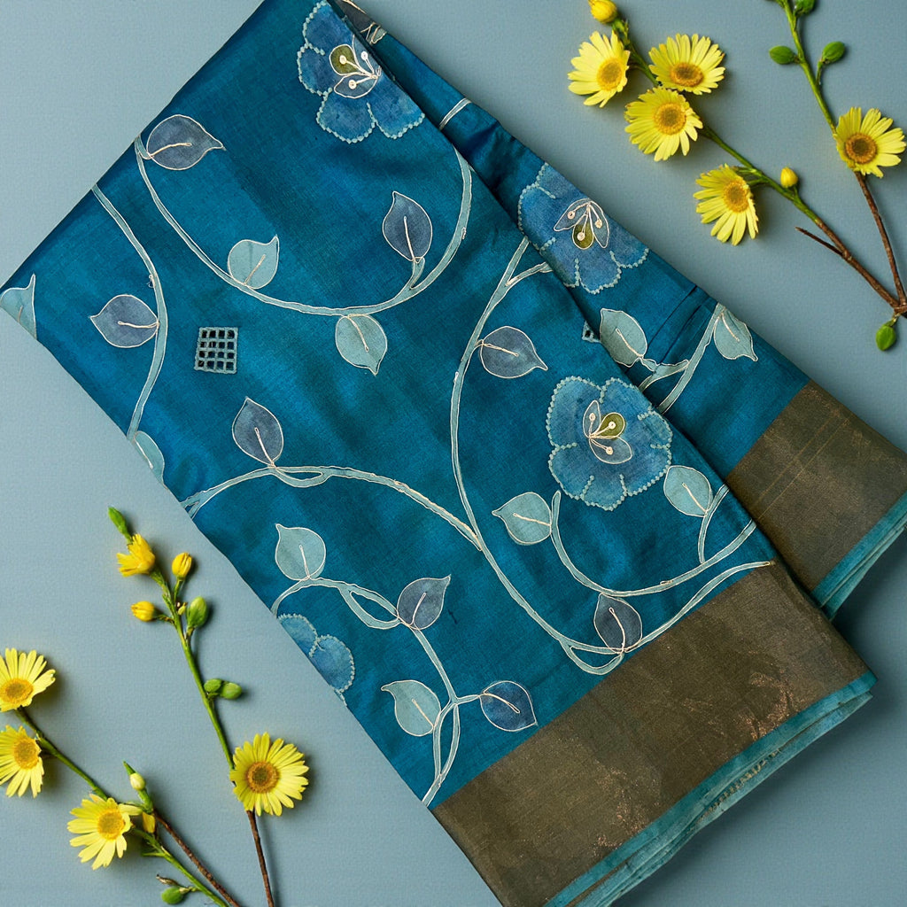 Blue kosa pitai work and jaal work saree