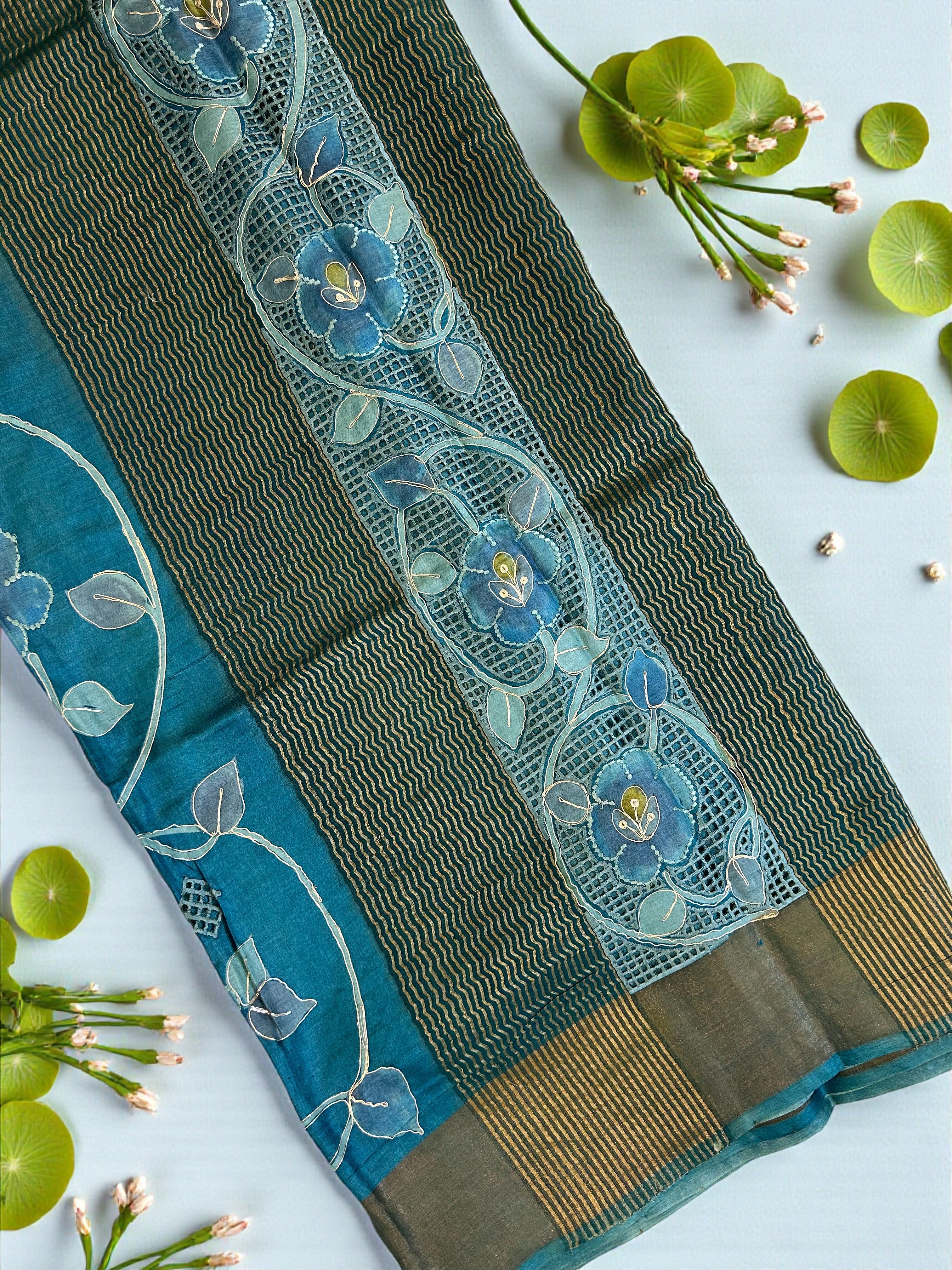 Blue kosa pitai work and jaal work saree