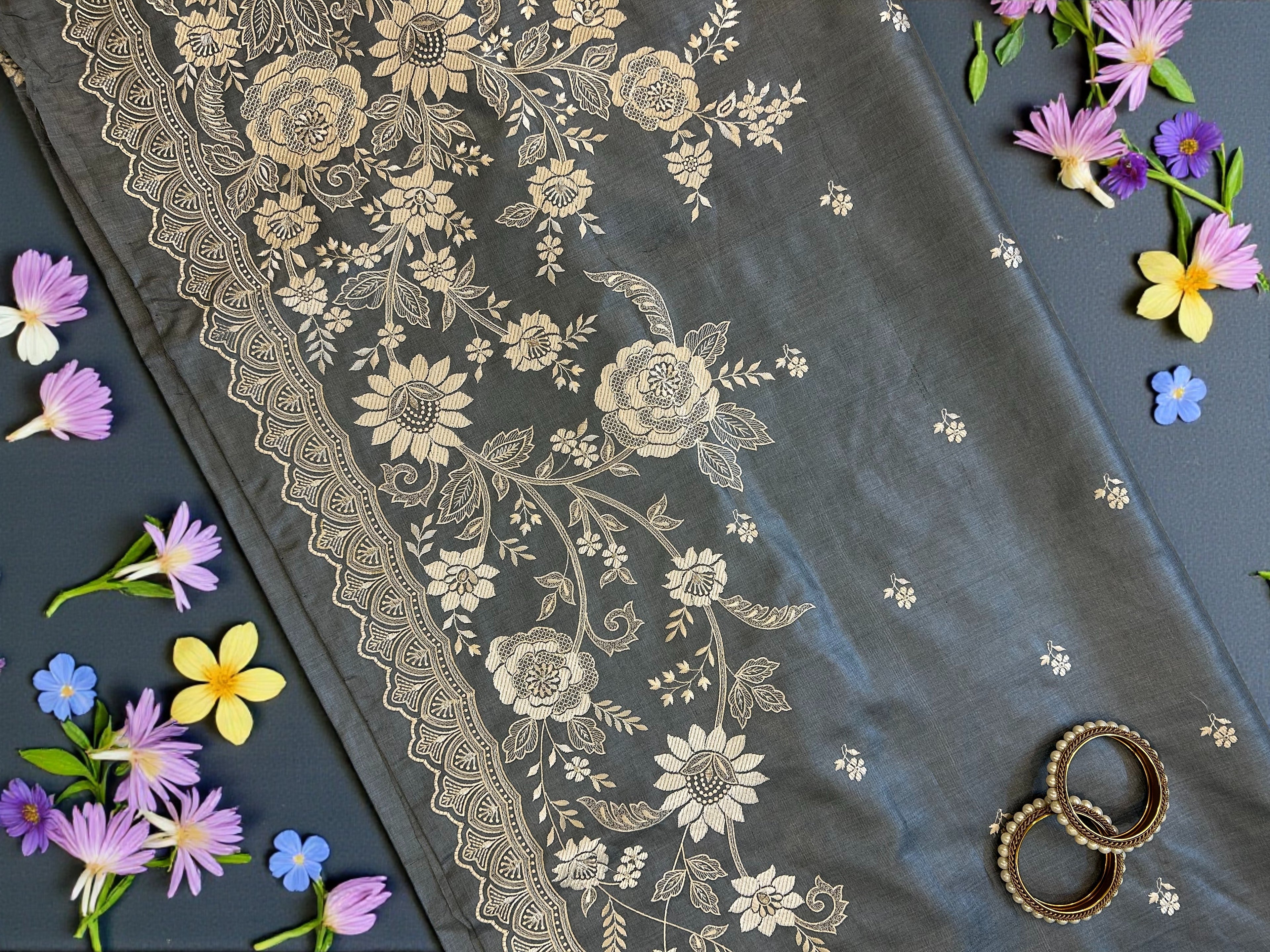 Heavy work Grey Saree